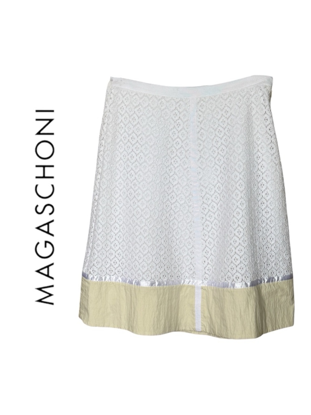 Magaschoni White Cotton Crochet Lace ALine Skirt Cream Band Lined Preppy Classic